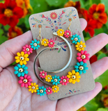 Large Daisy Crescent Moon Earrings
