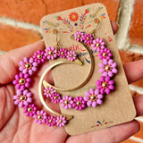 Large Daisy Crescent Moon Earrings