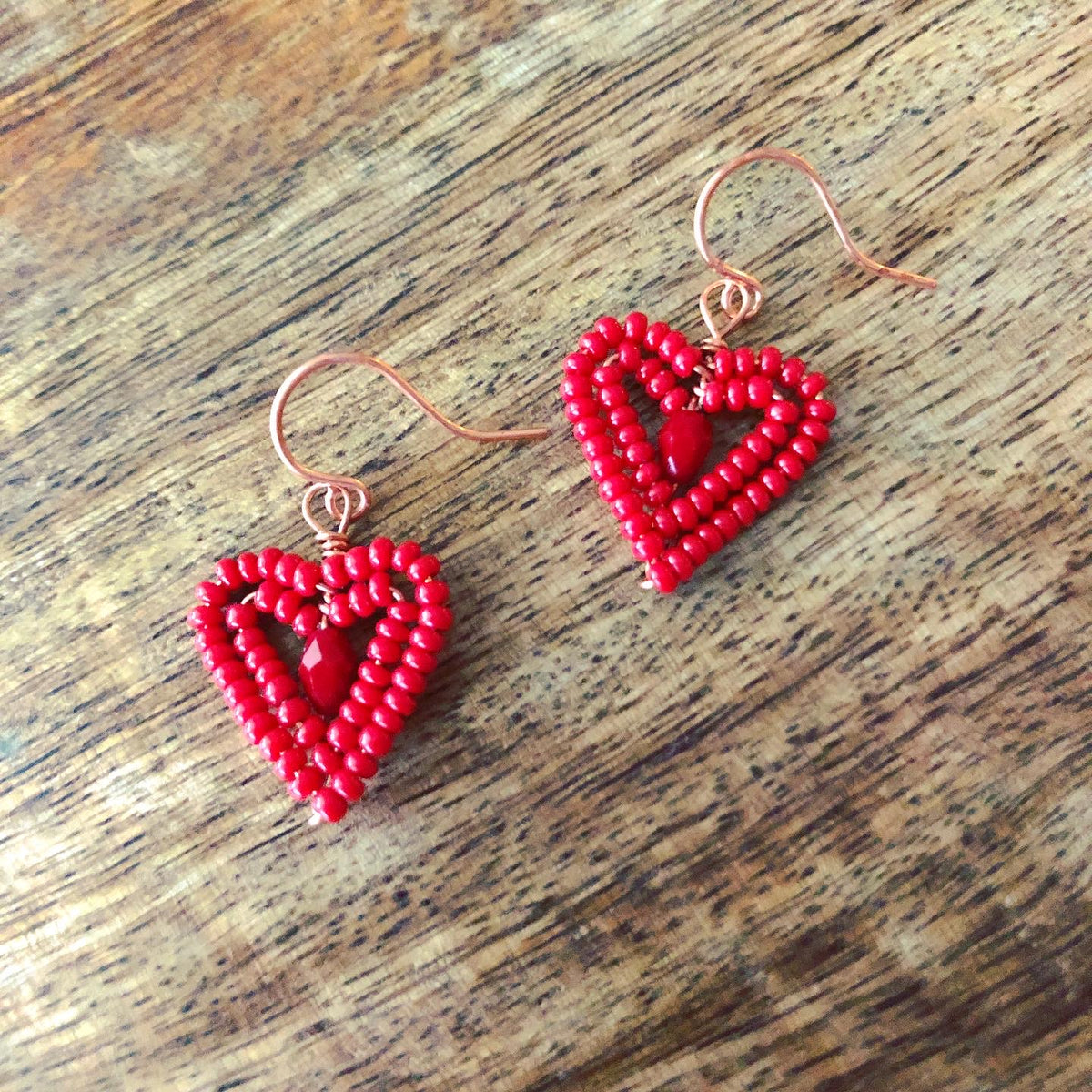 Statement beaded Red heart earrings for women, beaded hearts