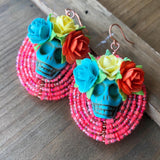 Dia De Los Muertos Flower Crown Calavera Beaded Earrings