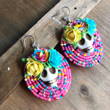 Dia De Los Muertos Flower Crown Calavera Beaded Earrings