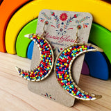 Large Beaded Crescent Luna Earrings