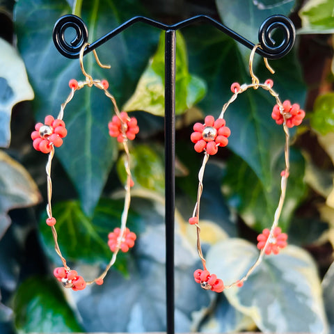 Wire-Wrapped Beaded Daisy Hoop Earrings