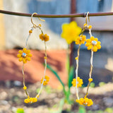 Wire-Wrapped Beaded Daisy Hoop Earrings