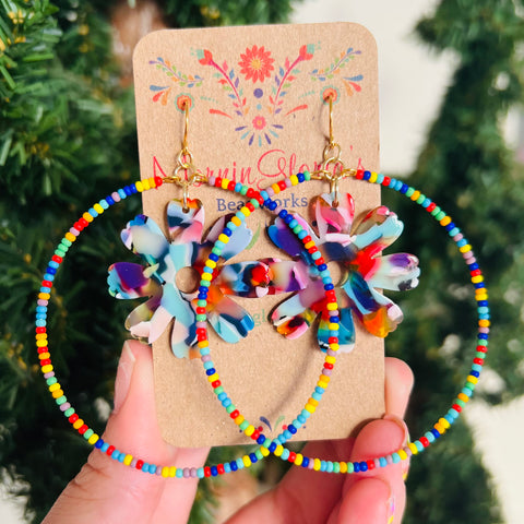 Colorful Acrylic Flower Beaded Hoop Earrings