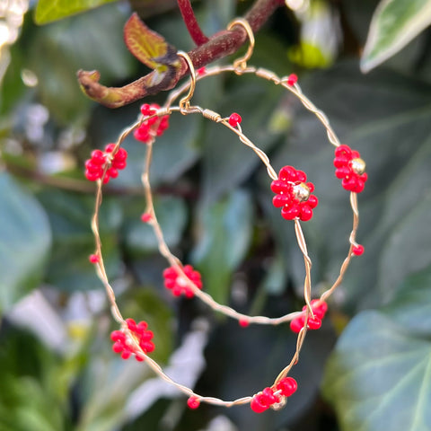 Wire-Wrapped Beaded Daisy Hoop Earrings