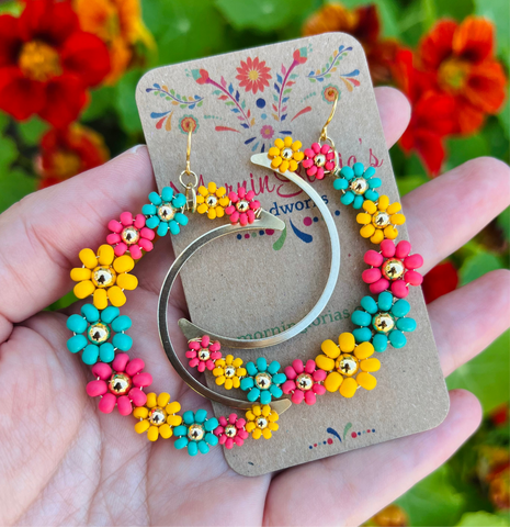 Large Daisy Crescent Moon Earrings