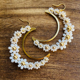 Large Daisy Crescent Moon Earrings