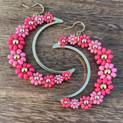 Large Daisy Crescent Moon Earrings