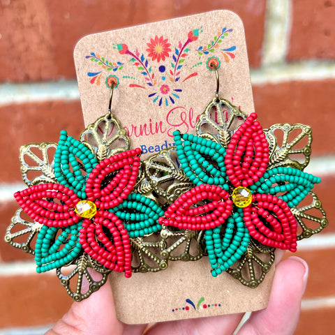 Beaded Poinsettia Filigree Earrings