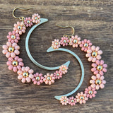 Large Daisy Crescent Moon Earrings