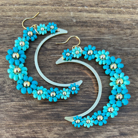 Large Daisy Crescent Moon Earrings