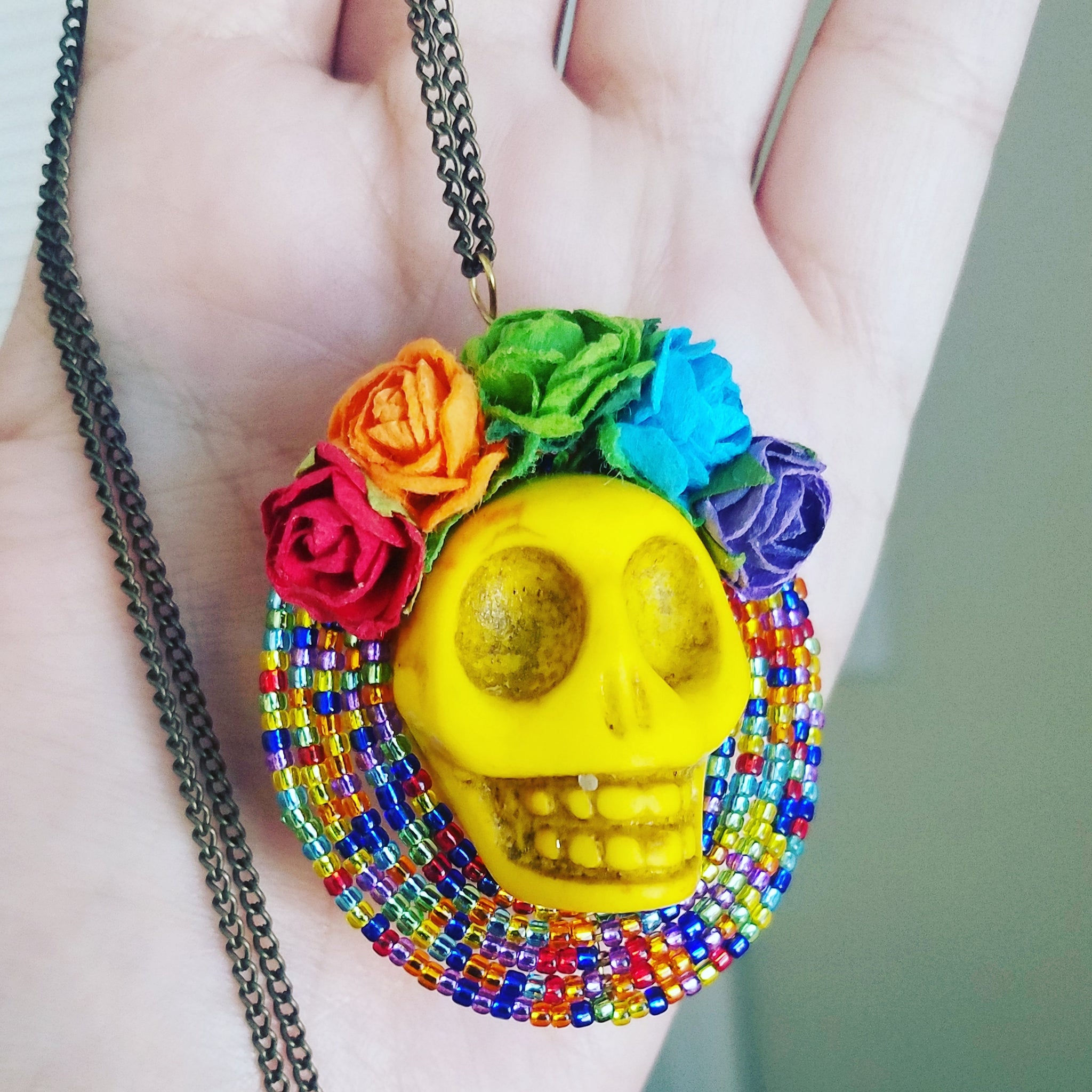 Billie Beads Day of the Dead Rainbow Skull Pin...(or Necklace..you choose!) Millefiore with Swarovski top Crystals!!