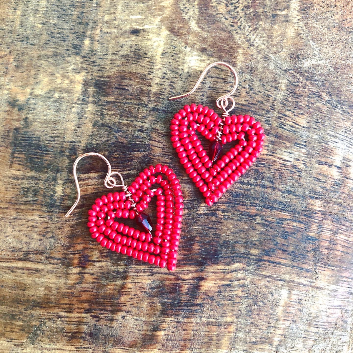 Little Brass Love Bird Dangle Earrings with Red and Gold Heart Beads - Bits  off the Beach