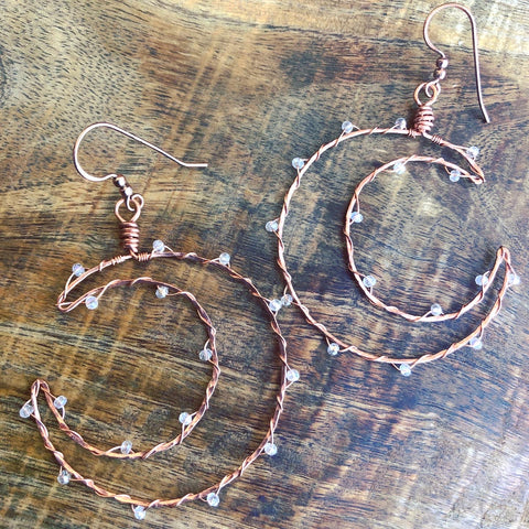 Hand Hammered Copper Wire Wrapped Moon Crystal Earrings