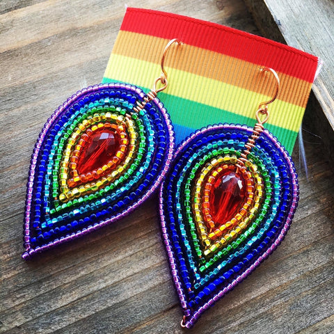 Large Rainbow Beaded Petal Earrings